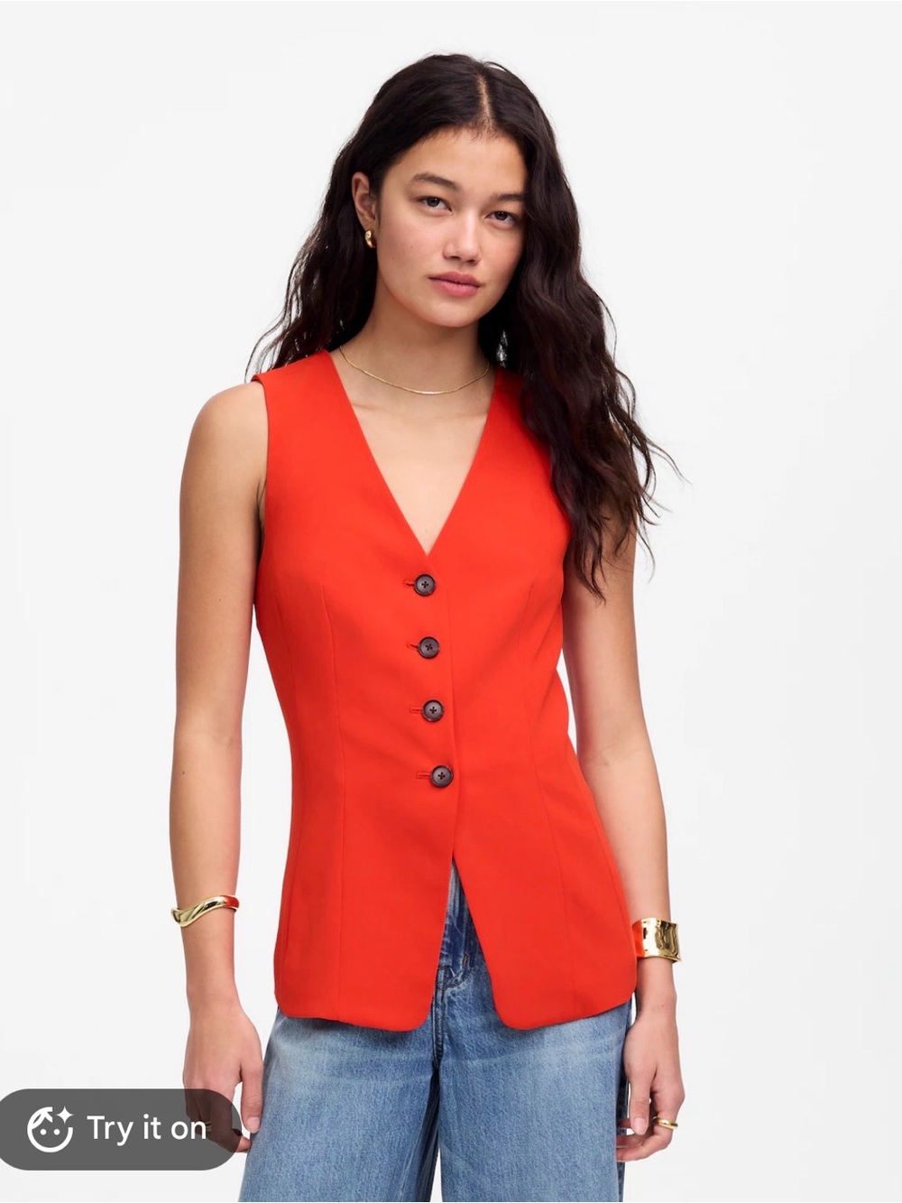 Madewell Cutaway Long V-Neck Button Front Vest Bright Flame  Size 10